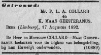Huwelijksbericht K. (Kate) MG en P.L.A. Collard (1892)